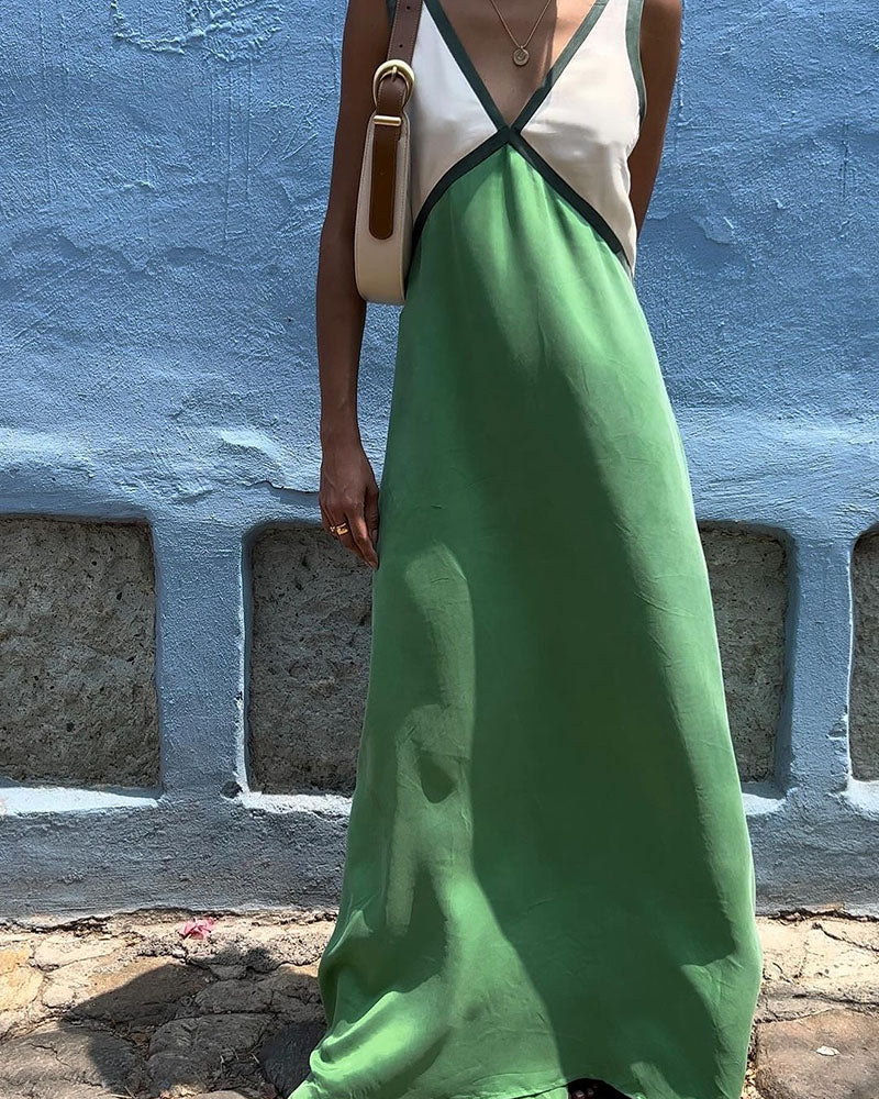 Women’s Sleeveless Contrast V Neck Flowy Maxi Dress