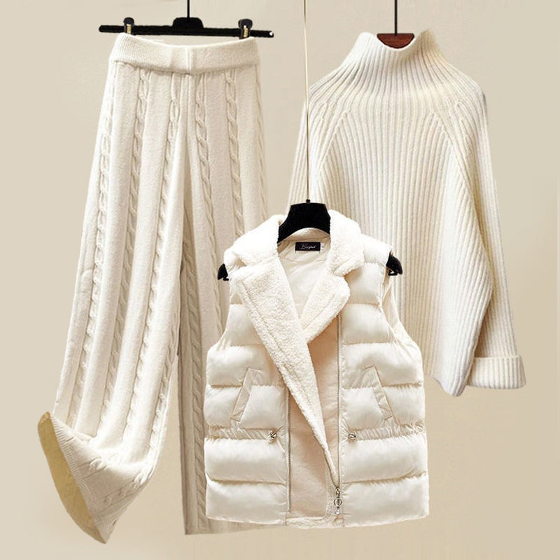 Women's 3-Piece Loungewear Set with Puffer Vest Sweater and Pants