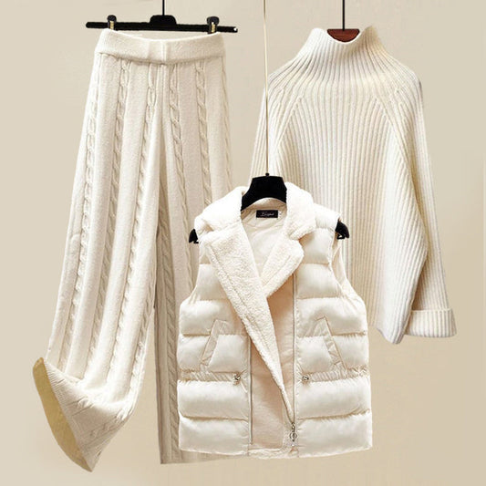 Women's 3-Piece Loungewear Set with Puffer Vest Sweater and Pants