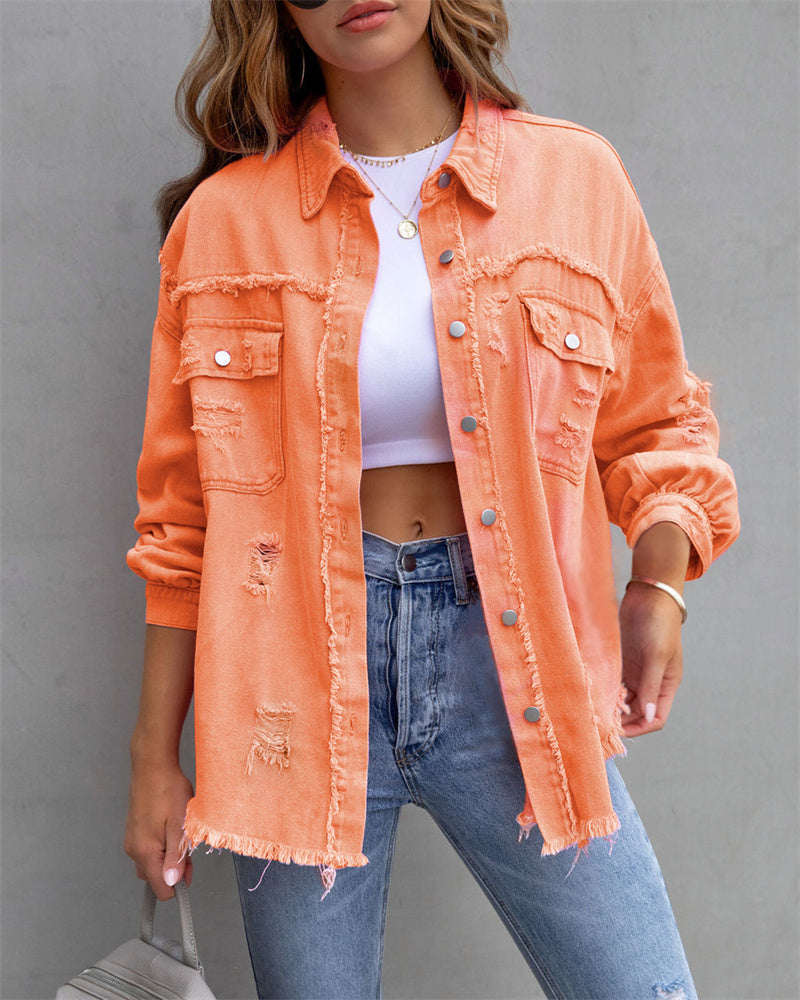 Women's Distressed Button-Up Denim Jacket with Raw Hem Edges