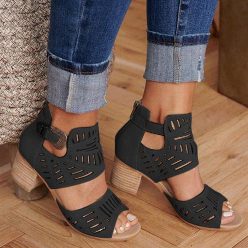 Women's Cut-Out Block Heel Sandals with Ankle Strap and Peep Toe