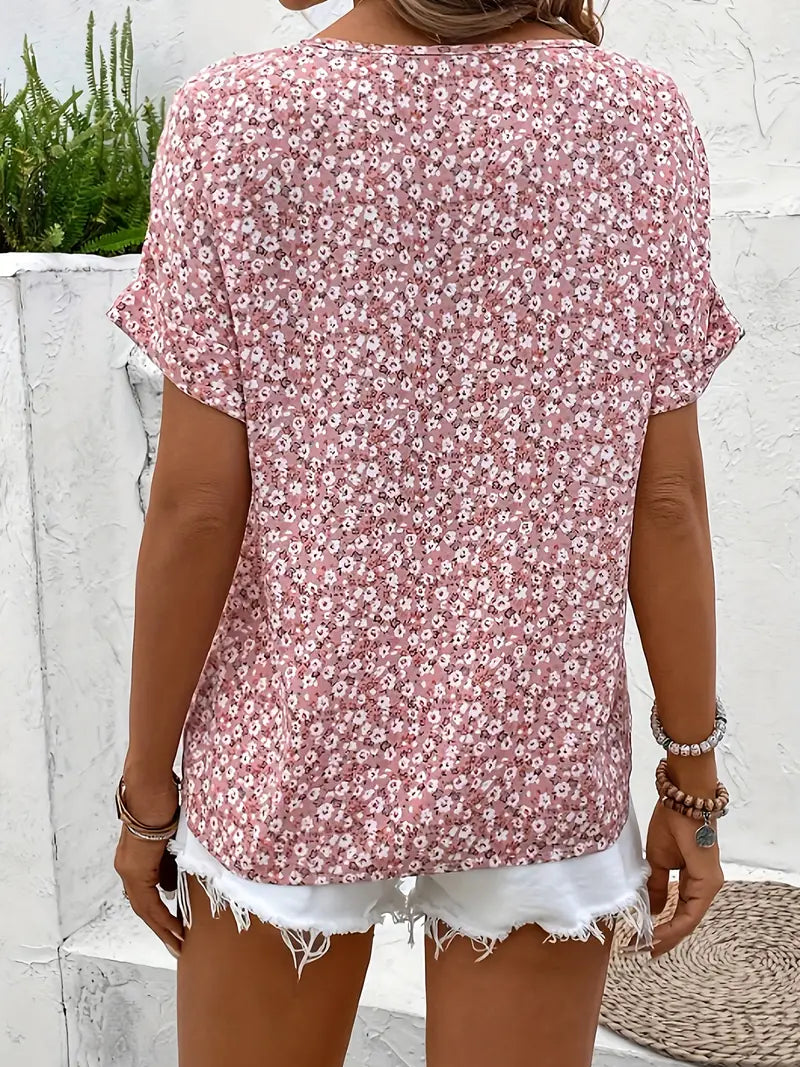 Women's Floral Short-Sleeve Button Top with Loose Casual Fit