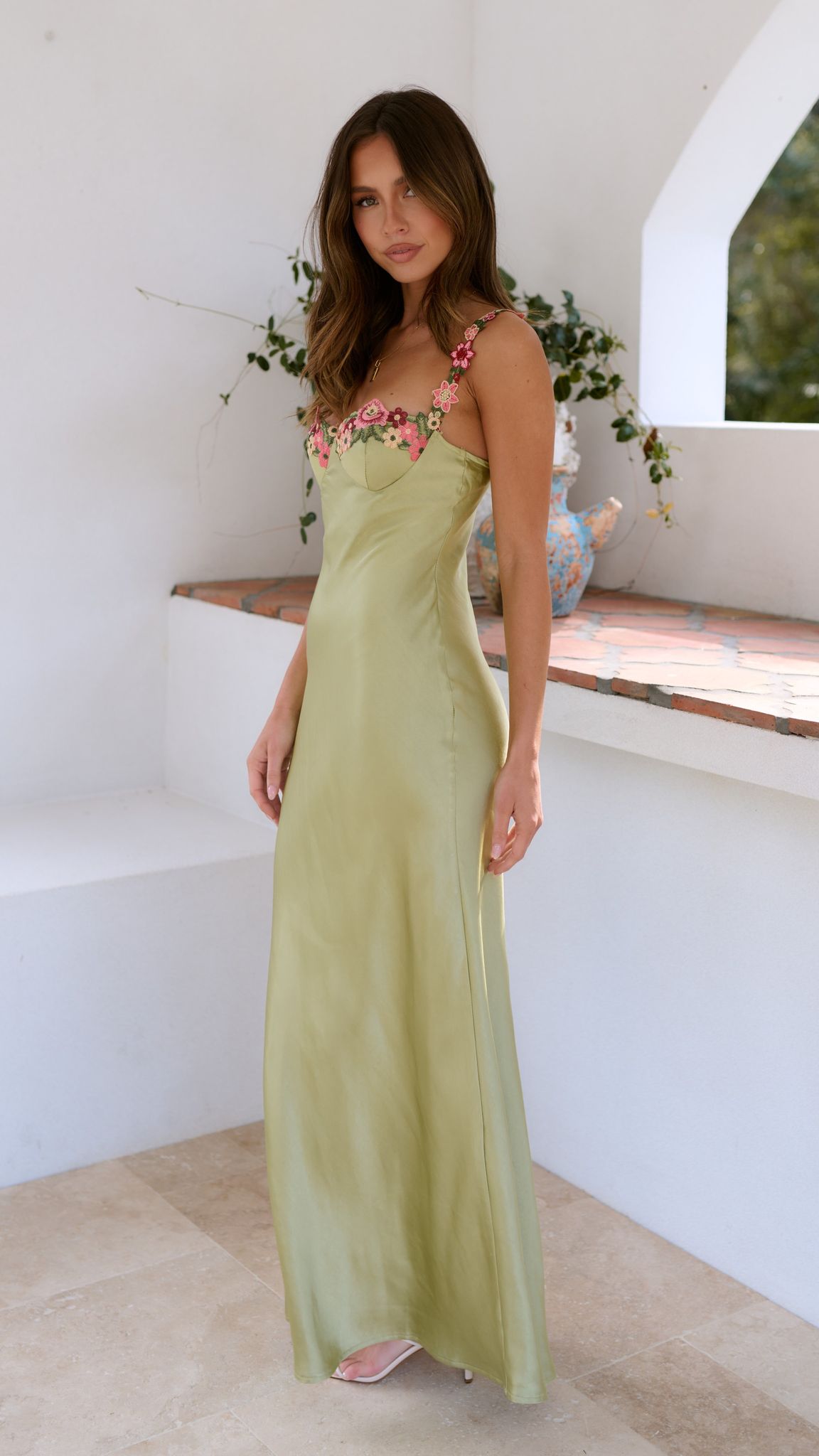 Women's Floral Strap Maxi Dress with Embroidered Bust Detail