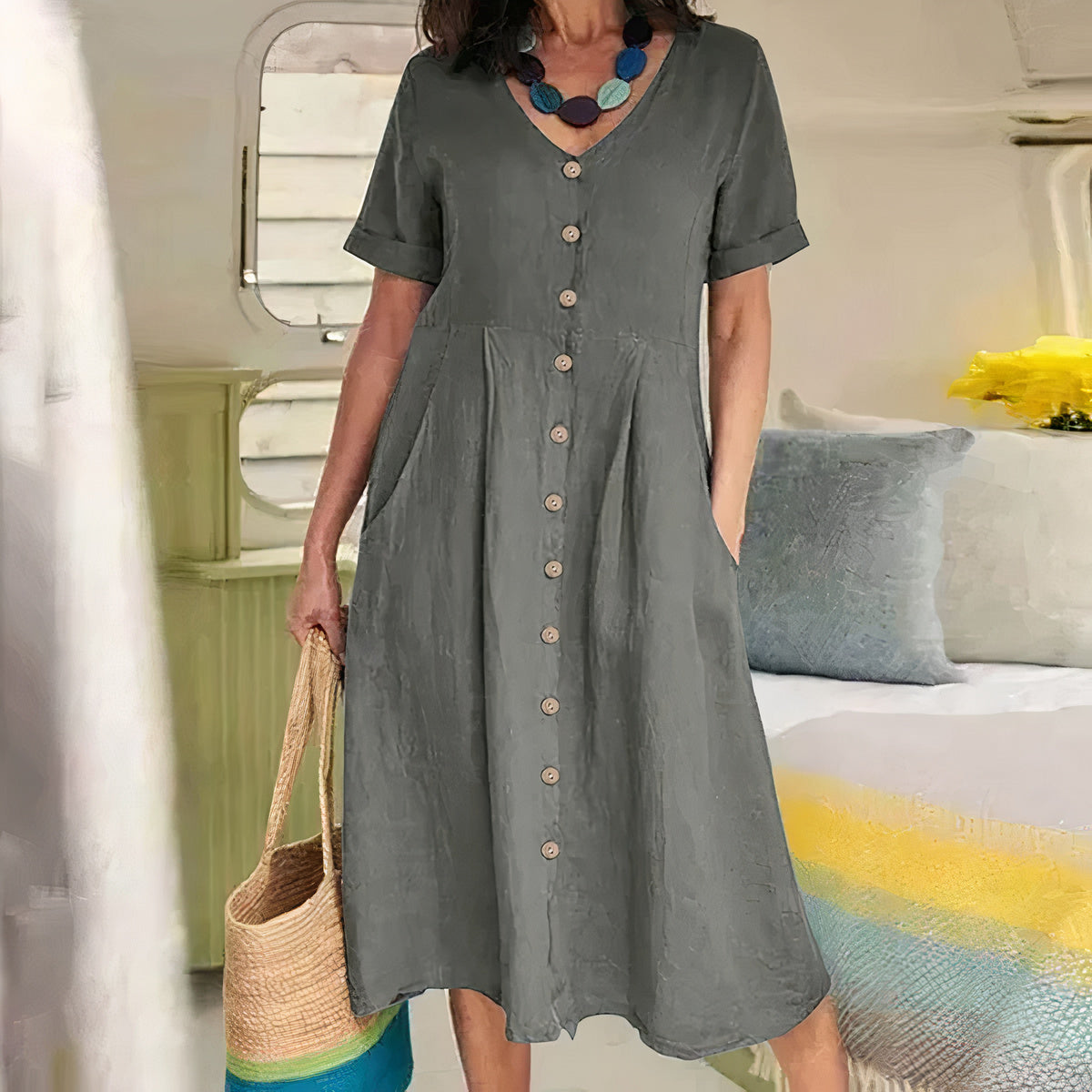 Women's Button-Front Midi Dress with Pockets and Short Sleeves