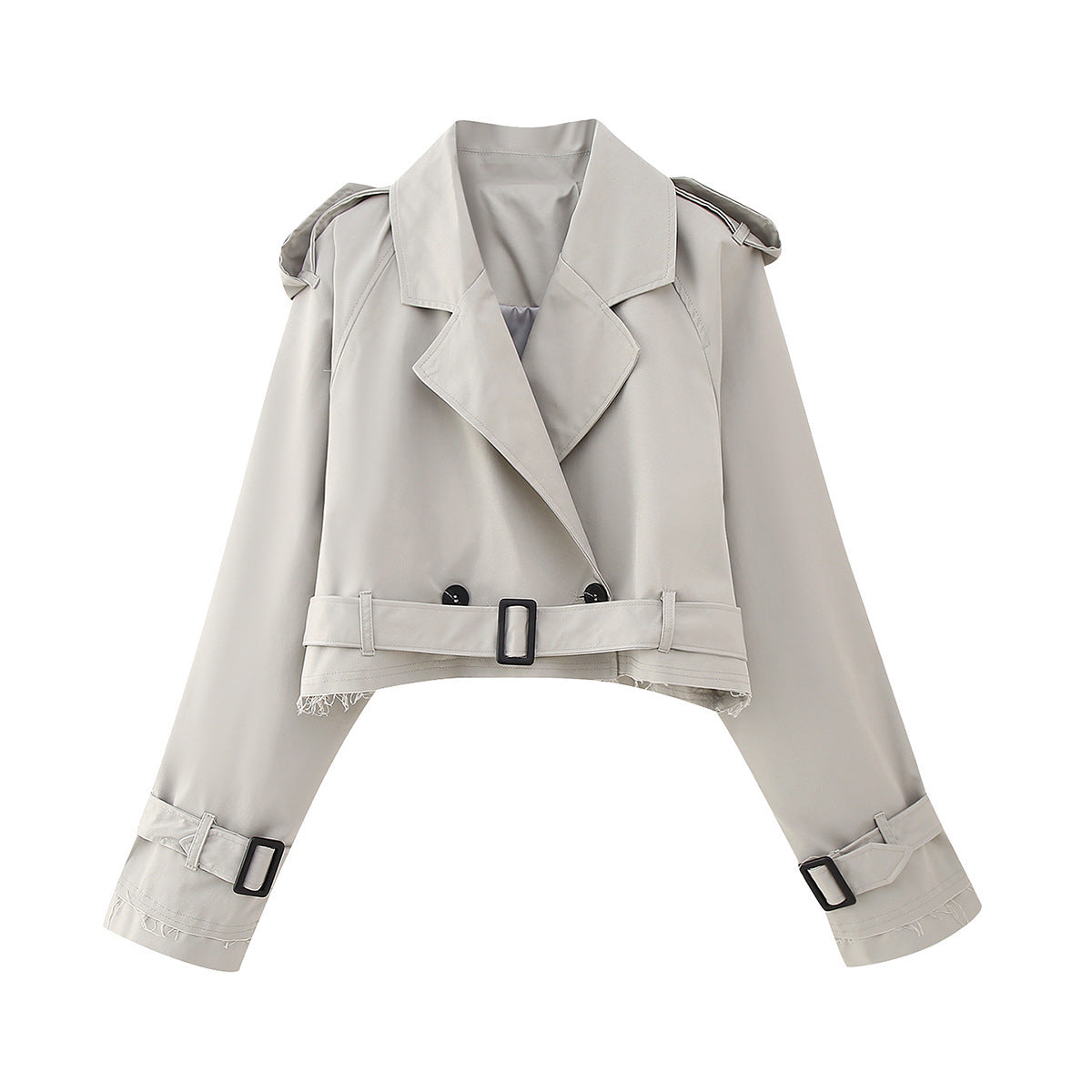 Women's Cropped Jacket with Belted Cuffs and Boxy Silhouette