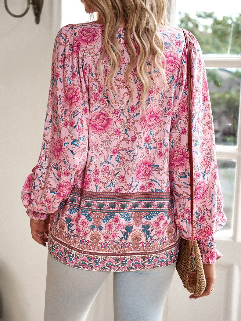 Women's Boho Floral Tunic Top with Long Sleeves and V-Neck Tie