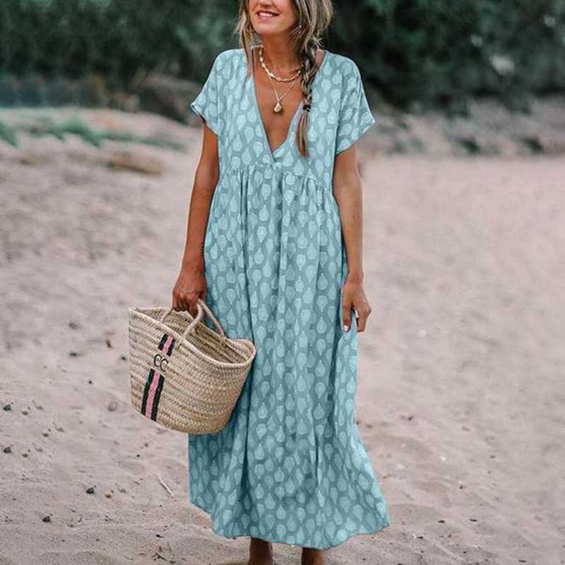 Women's Printed Maxi Dress with V-Neck and Relaxed Short Sleeves