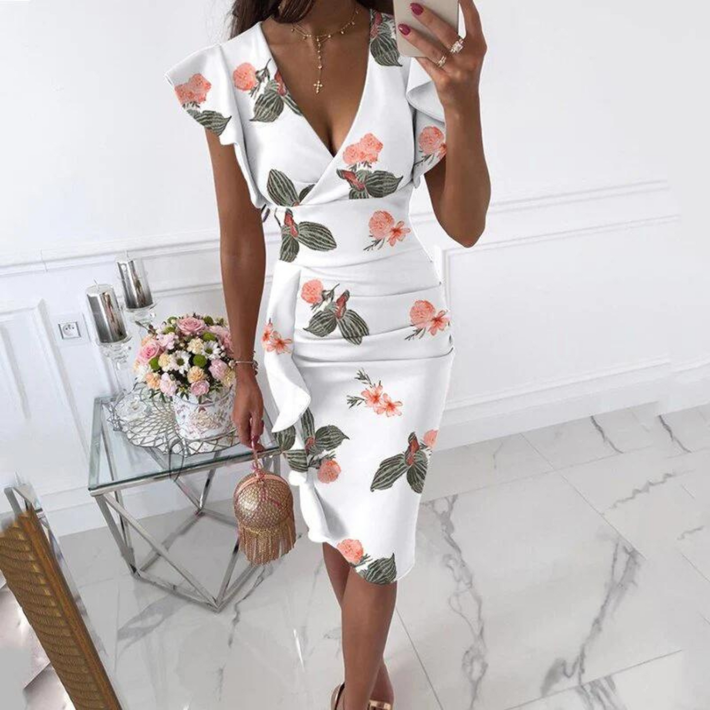 Women's Floral V-Neck Midi Dress with Ruffle Sleeves and Draping