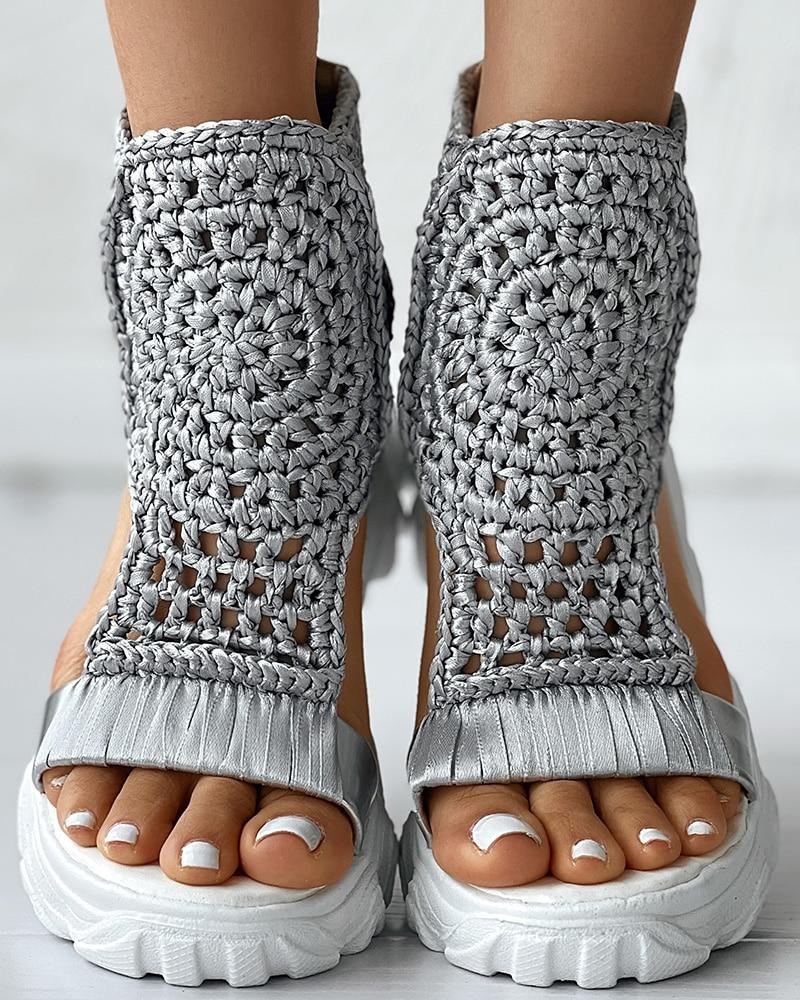 Women's Platform Sandals with Crochet Knit Upper and Open Toe