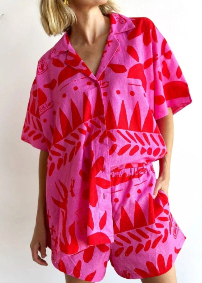 Women's Printed Two-Piece Shirt and Shorts Set for Summer