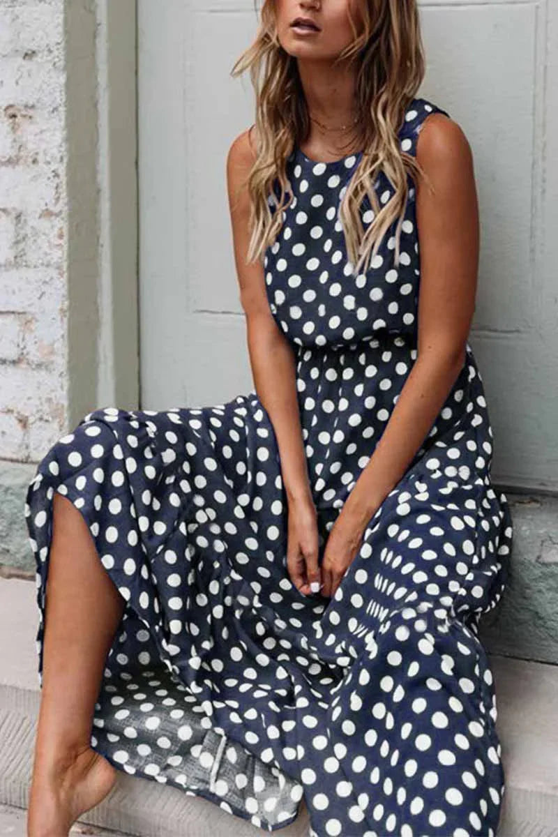 Women's Sleeveless Polka Dot Maxi Dress with Relaxed Fit