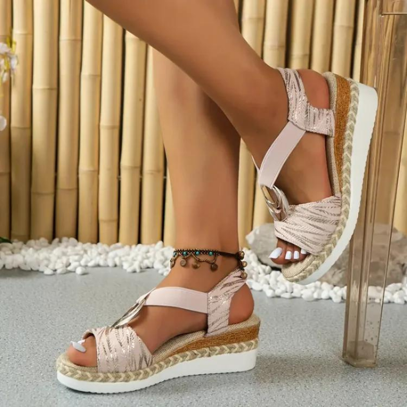 Women's Chic Wedge Sandals with Decorative Ring and Adjustable Strap