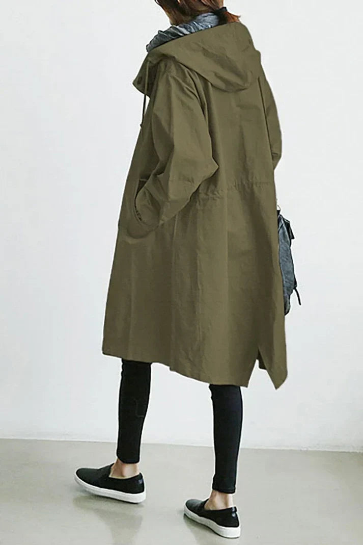 Women's Oversized Button-Up Trench Coat with Hood and Pockets