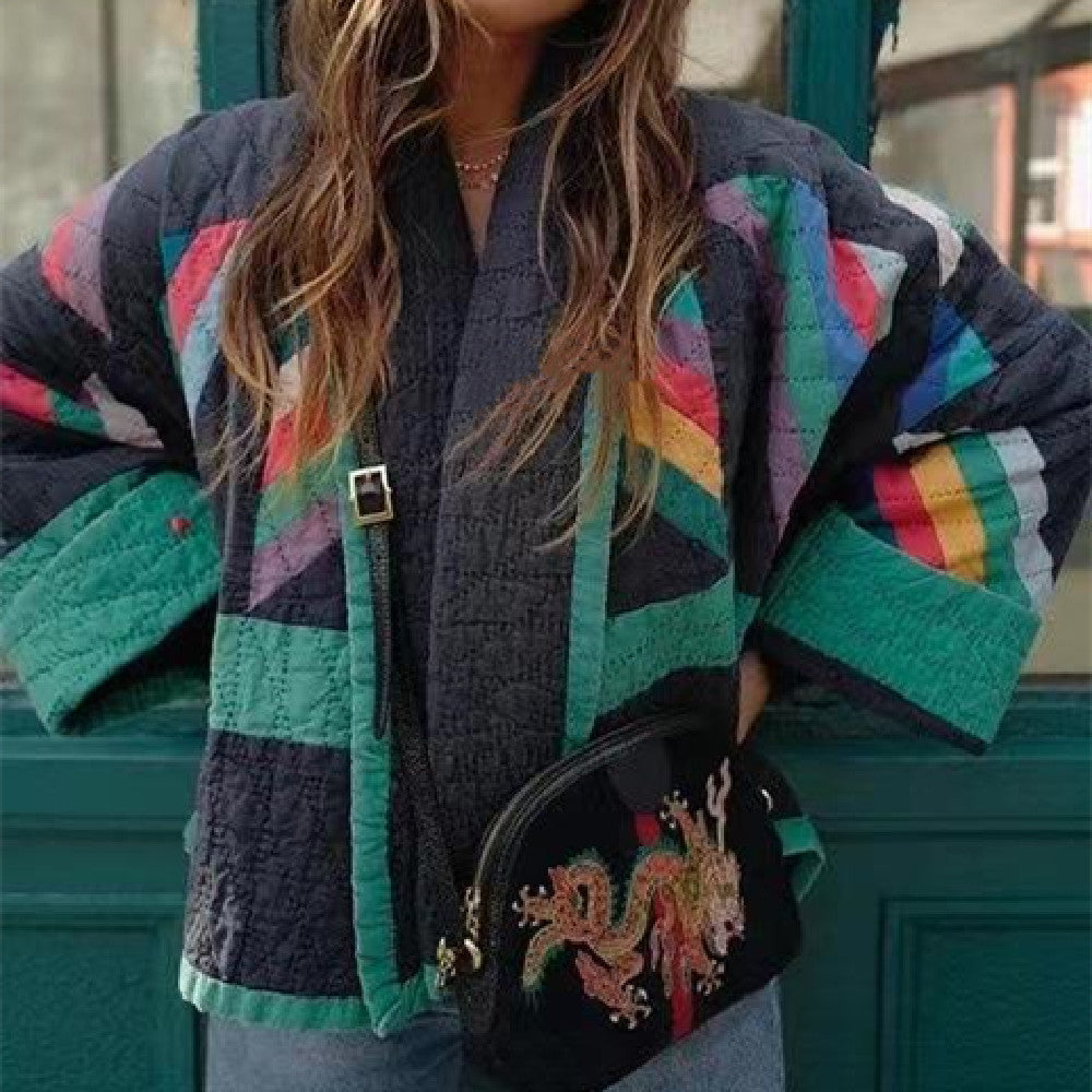 Women's Retro Open Front Quilted Jacket with Color Block Pattern