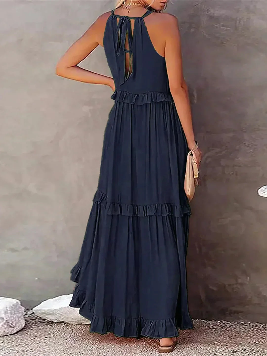Women's Halterneck Maxi Dress with Ruffle Layers and Side Pockets