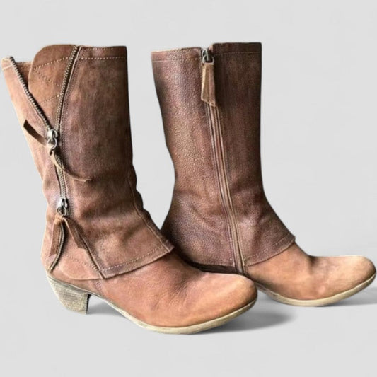 Women's Mid-Calf Winter Cowgirl Boots with Zipper and Heel