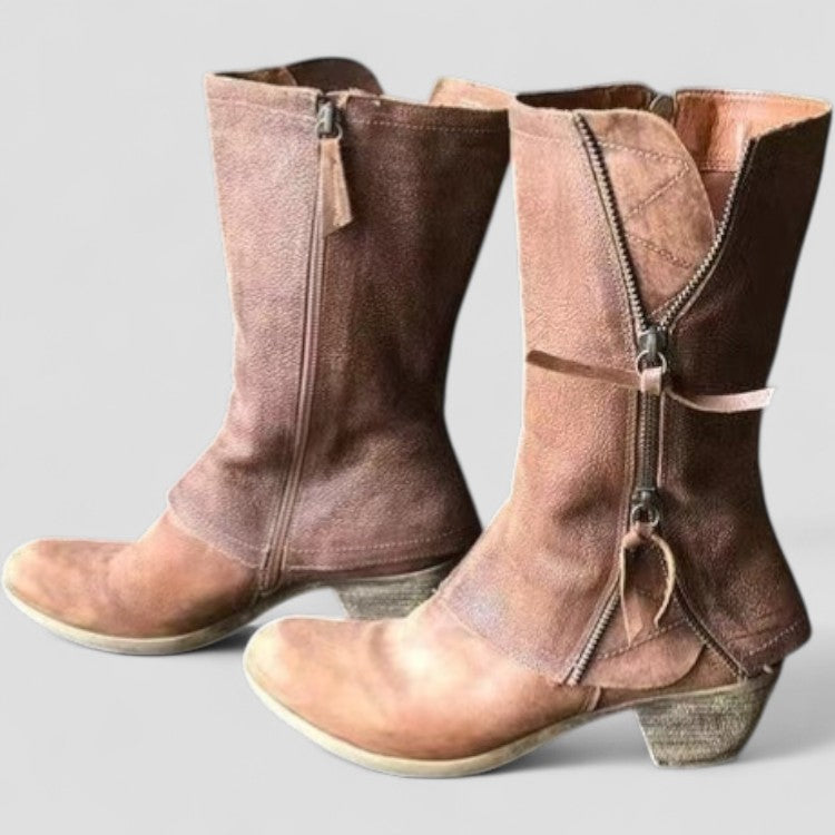 Women's Mid-Calf Winter Cowgirl Boots with Zipper and Heel