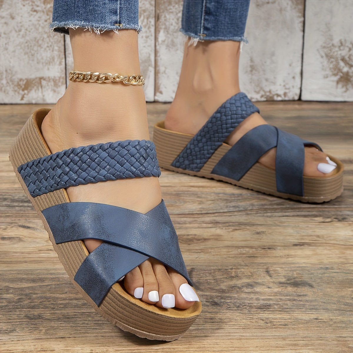 Women's Slip-On Wedge Sandals with Braided Crossover Straps
