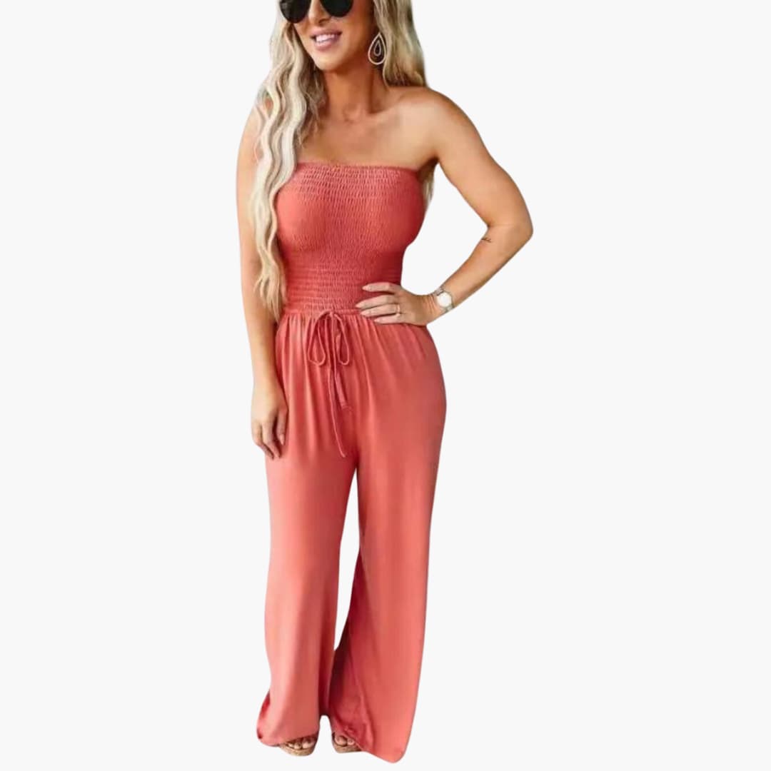 Women's Strapless Wide-Leg Jumpsuit with Smocked Bodice Waist