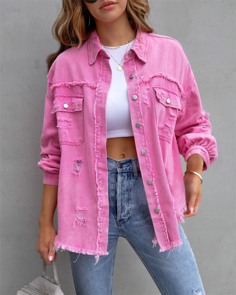 Women's Distressed Button-Up Denim Jacket with Raw Hem Edges