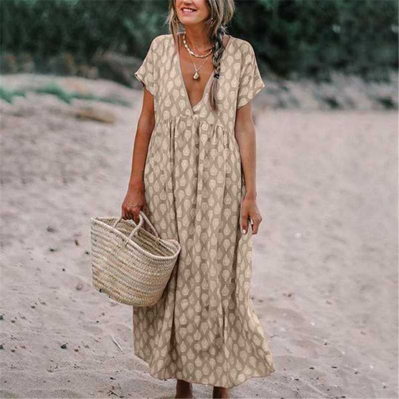 Women's Printed Maxi Dress with V-Neck and Relaxed Short Sleeves
