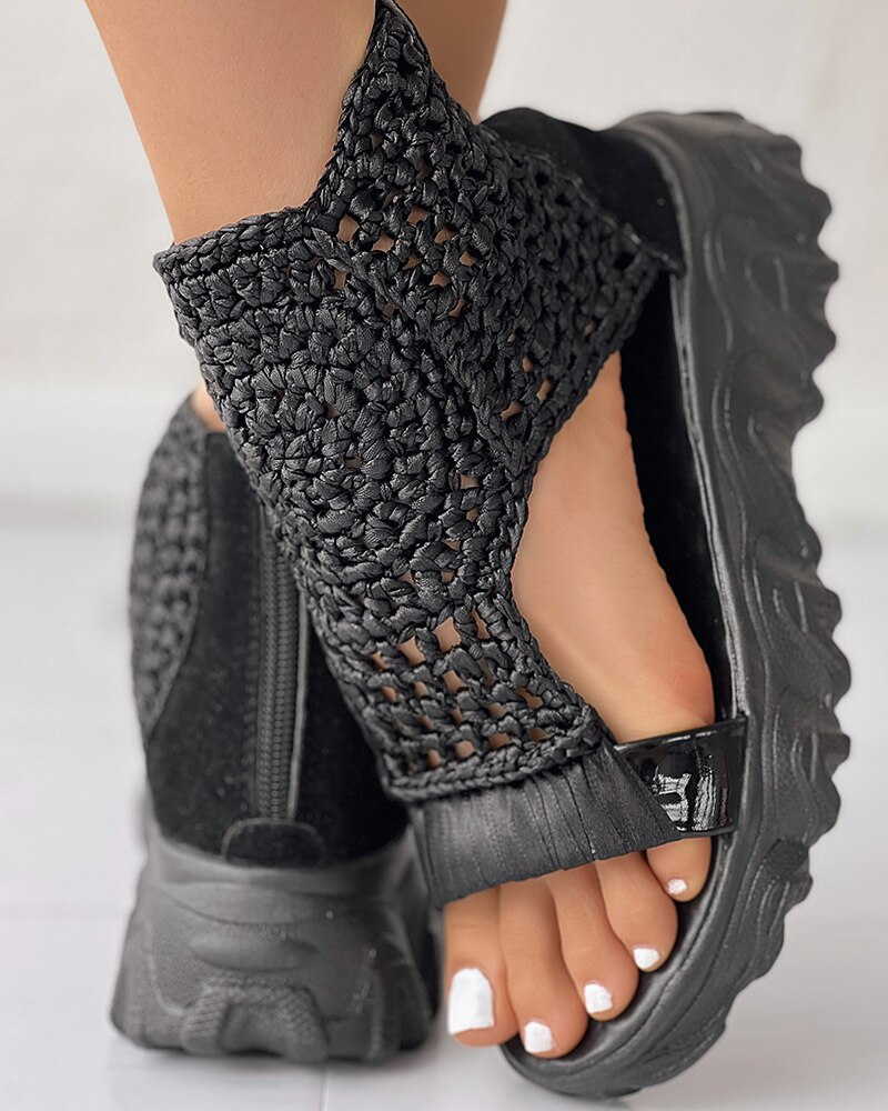 Women's Platform Sandals with Crochet Knit Upper and Open Toe