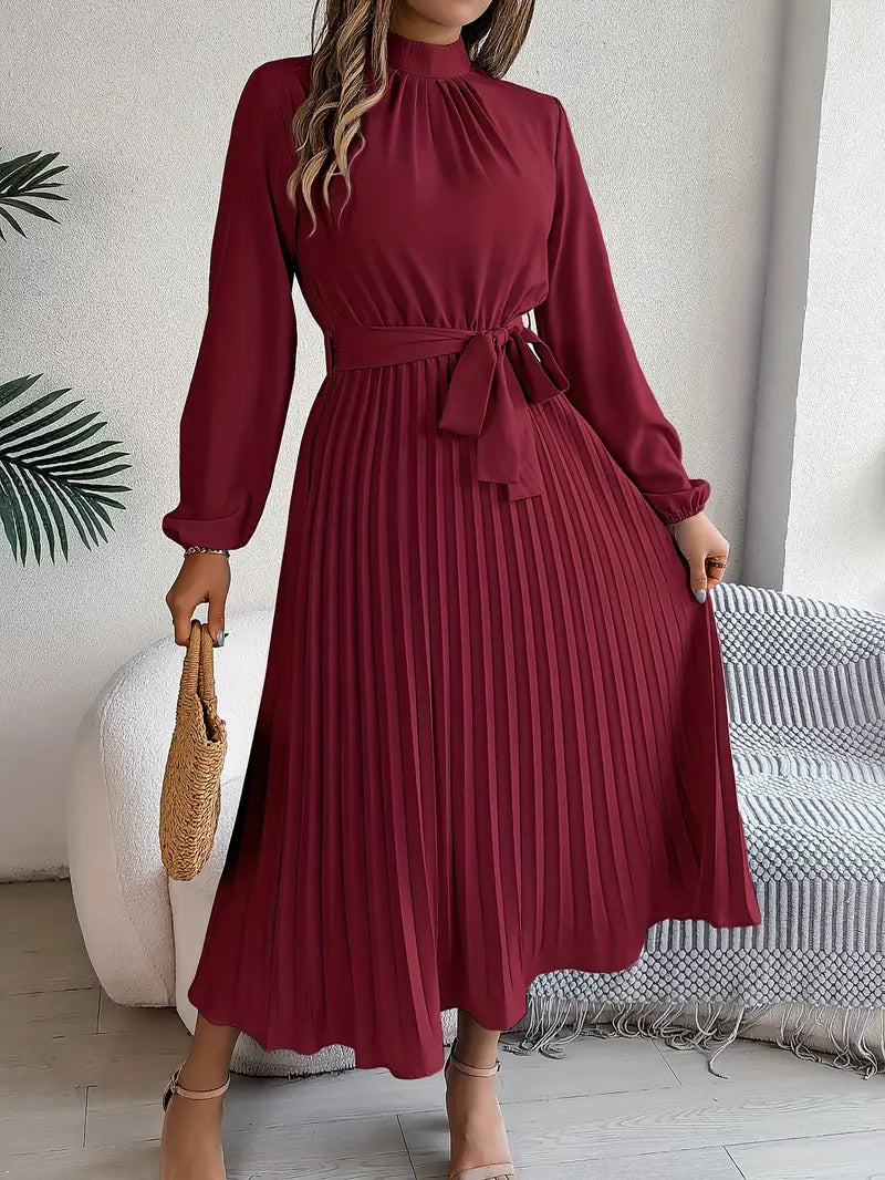 Women's Chic Pleated Midi Dress with Belted Waist
