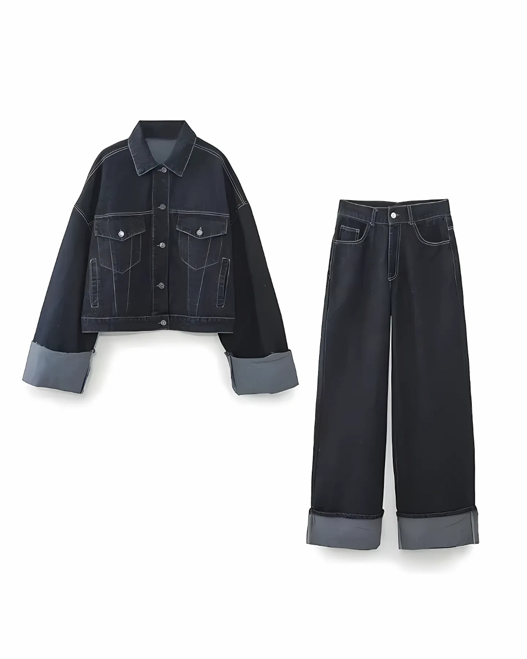 Women's Denim Jacket and Wide-Leg Pants Two-Piece Set with Cuffed Finish
