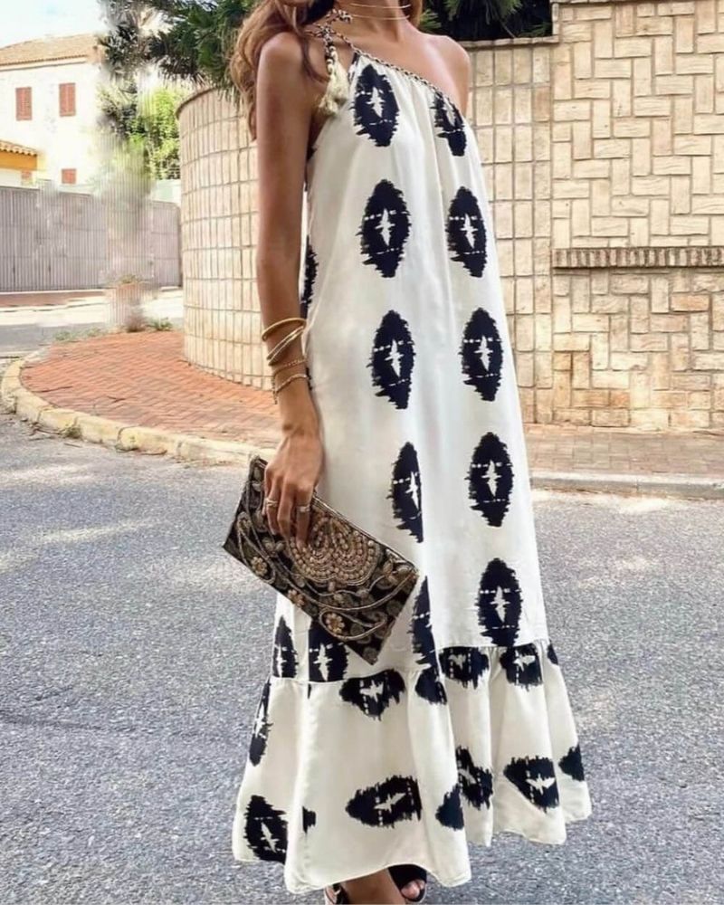 Women's One-Shoulder Loose Maxi Dress with Tribal Print