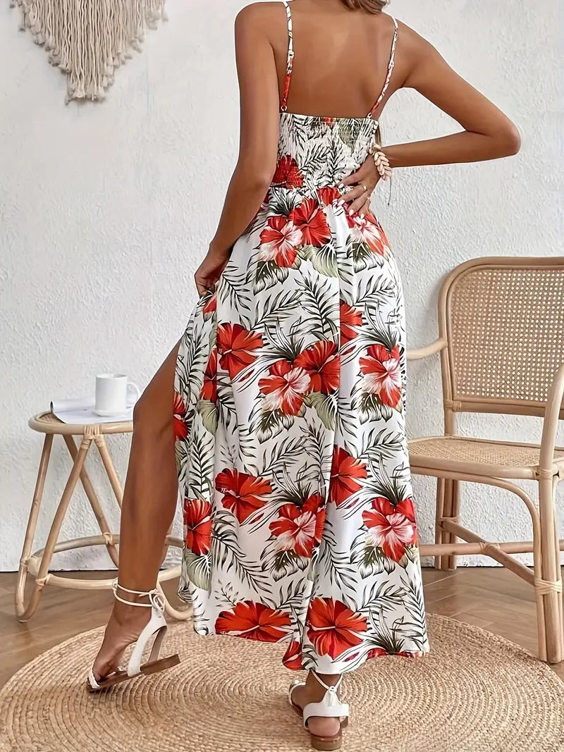 Women's Spaghetti Strap Maxi Dress with Tropical Print and Waist Detail