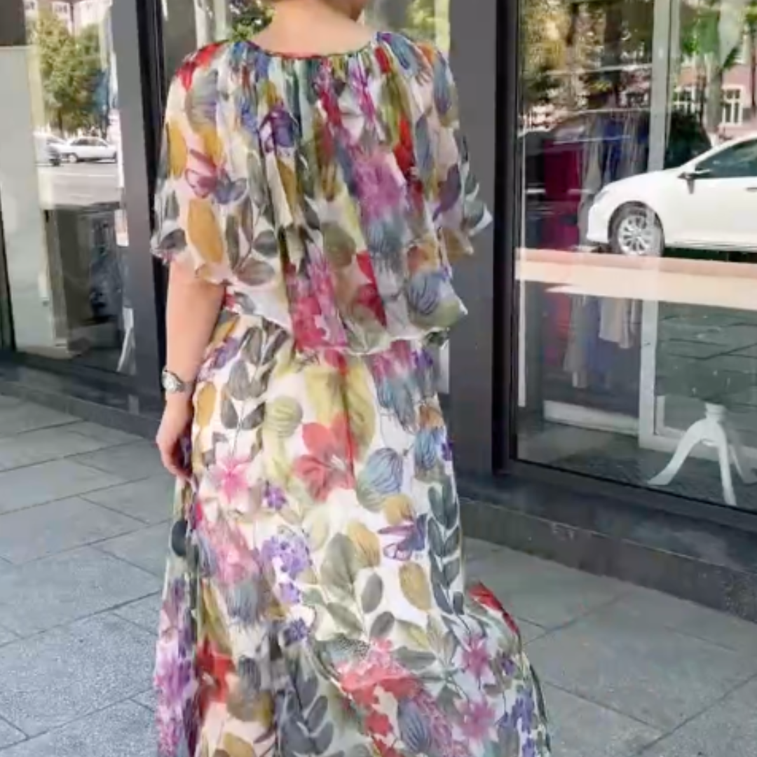 Women's Floral Maxi Dress with Gathered Neckline