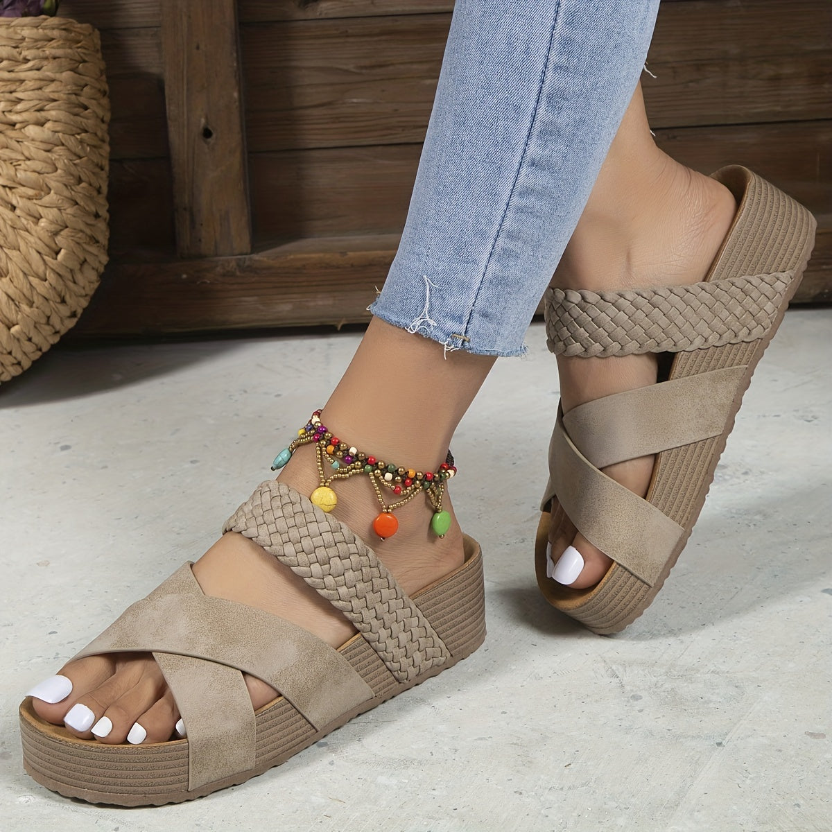 Women's Slip-On Wedge Sandals with Braided Crossover Straps