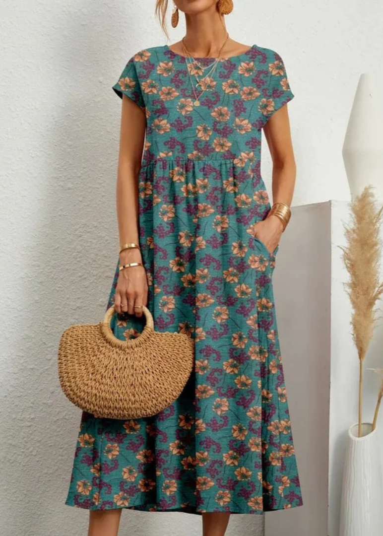 Women's Boho Floral Maxi Dress with Short Sleeves and Side Pockets