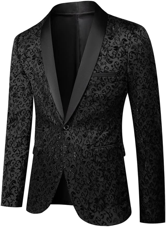 Men's Tuxedo Suit with Shiny Lapel and Patterned Blazer Two Piece Set
