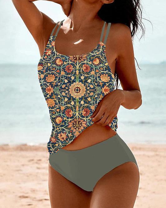 Women's Printed Bikini Set with Double Straps and High Waist Bottoms
