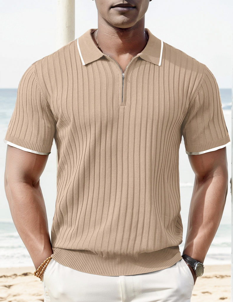 Men's Ribbed Short-Sleeve Zip Polo Shirt with Contrast Trim