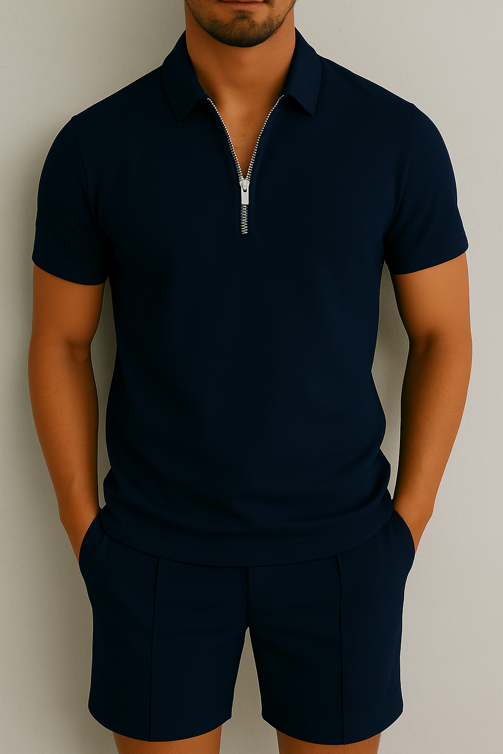 Men's Short Sleeve Polo Shirt with Zip Collar and Modern Fit