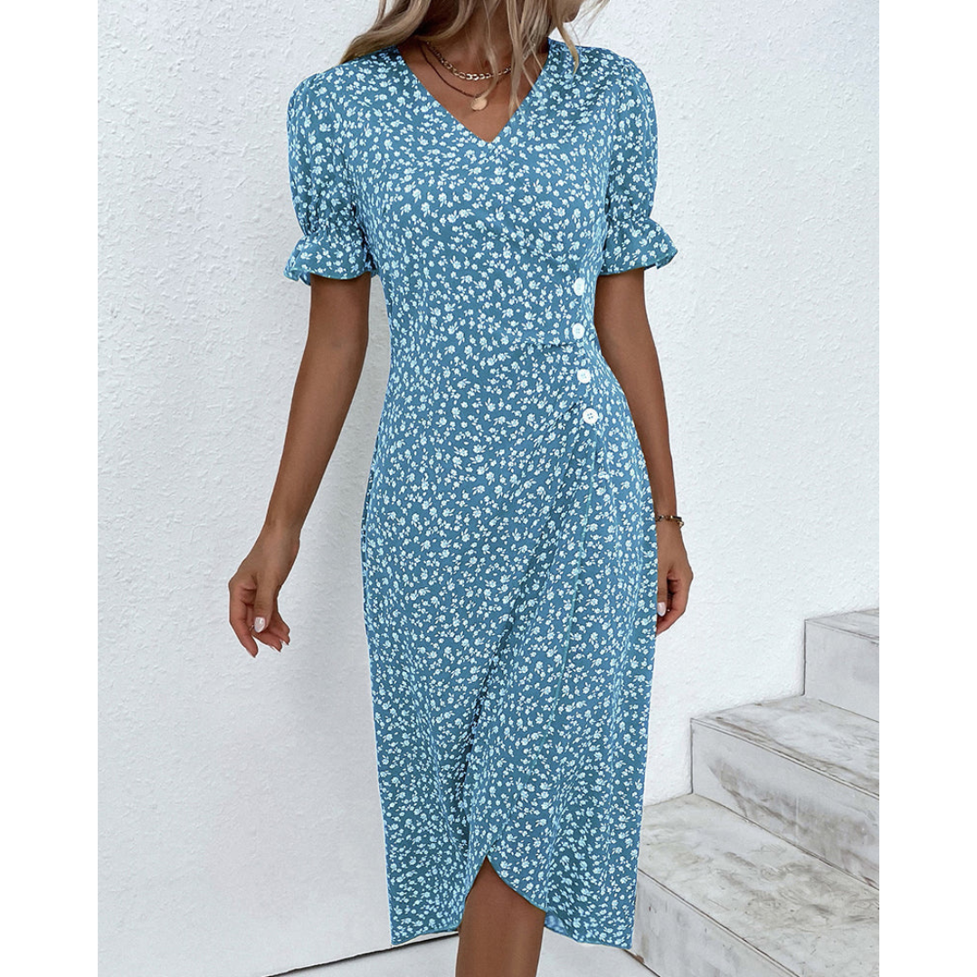 Summer Midi Dress for Women with Puff Sleeves and Buttons