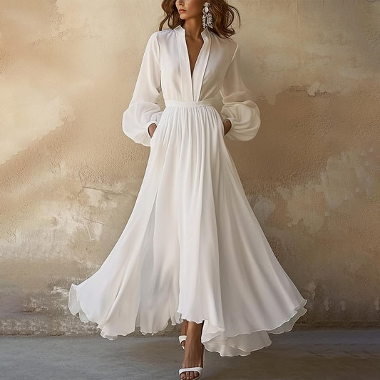 Women's Elegant Maxi Dress with Long Sleeves and Flowing Skirt