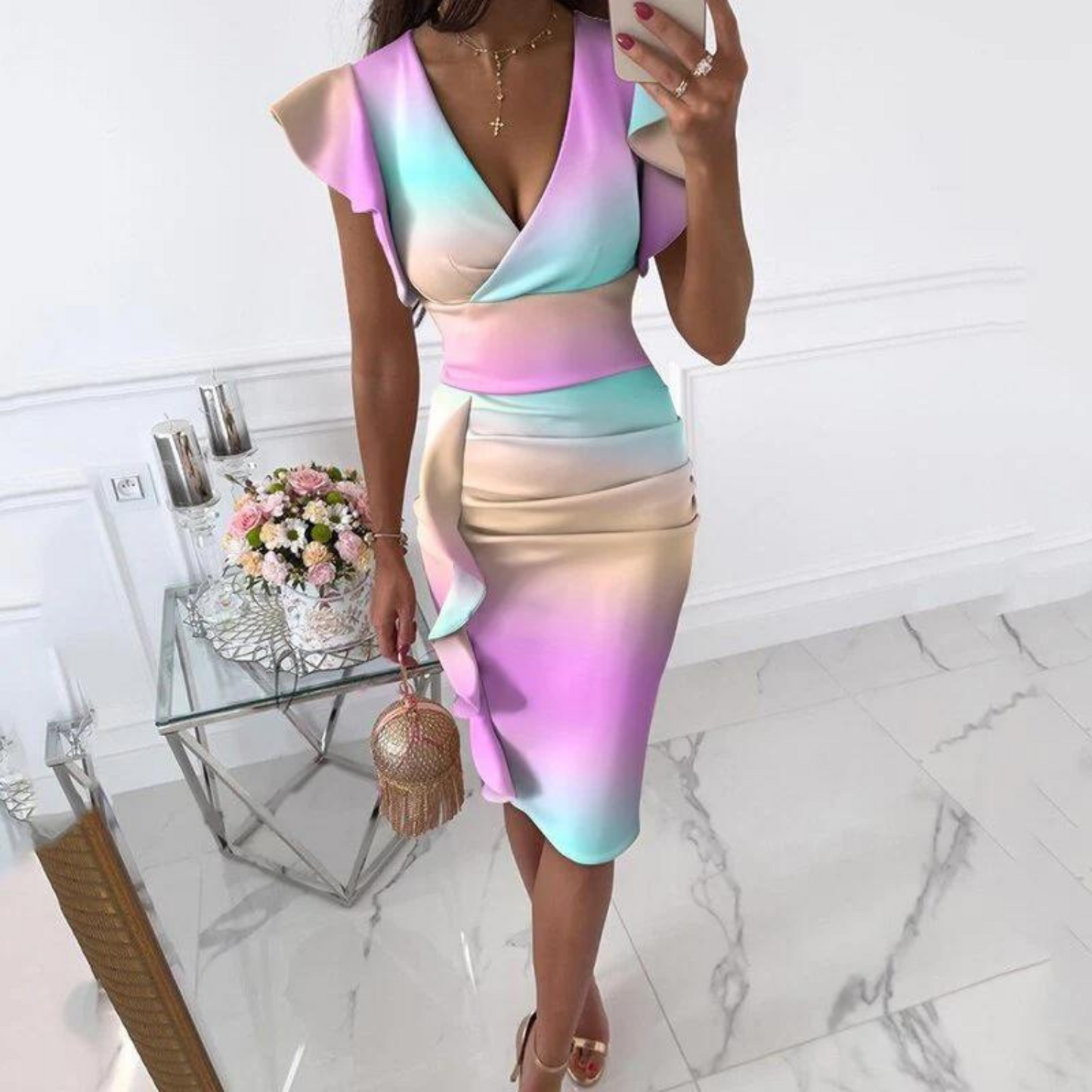 Women's Floral V-Neck Midi Dress with Ruffle Sleeves and Draping