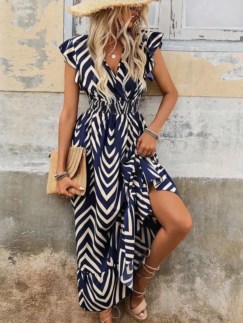Women's Maxi Dress with Chevron Print and V-Neck
