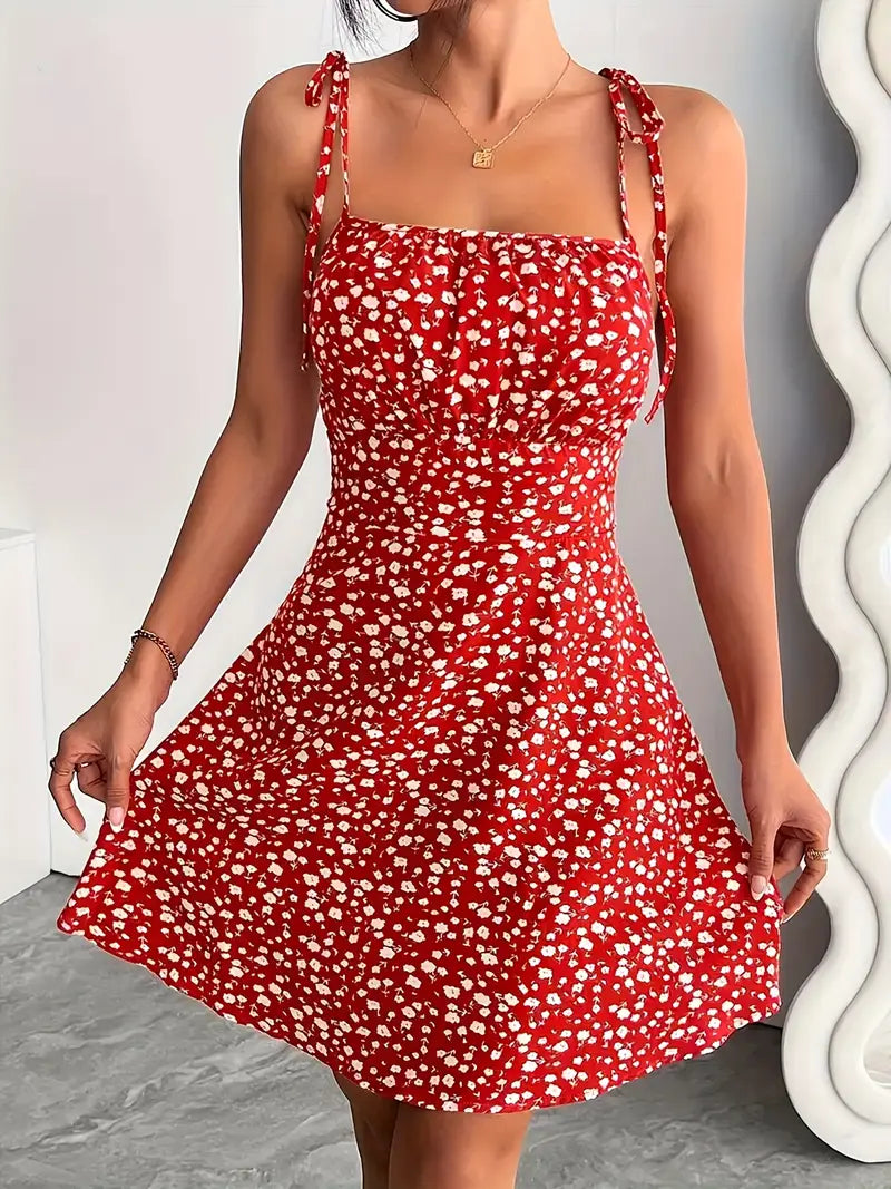 Women's Mini Dress with Floral Print and Tie Straps