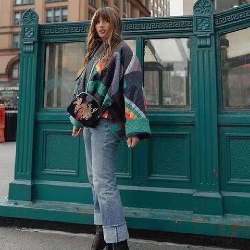 Women's Retro Open Front Quilted Jacket with Color Block Pattern