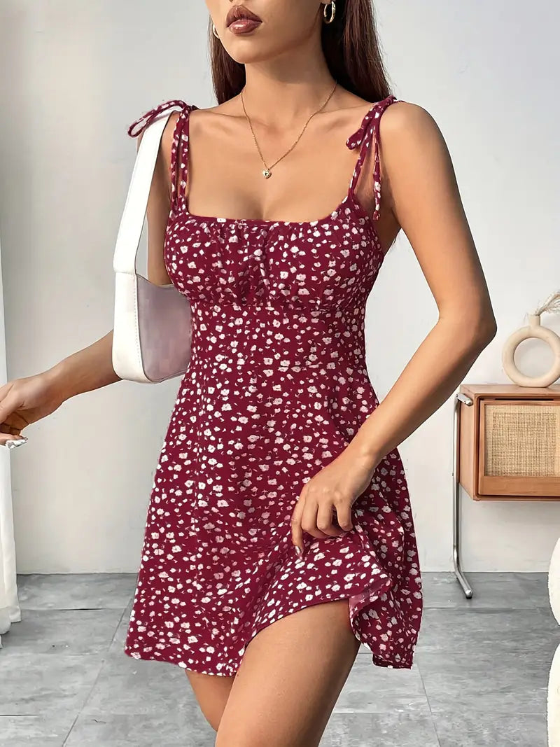 Women's Mini Dress with Floral Print and Tie Straps
