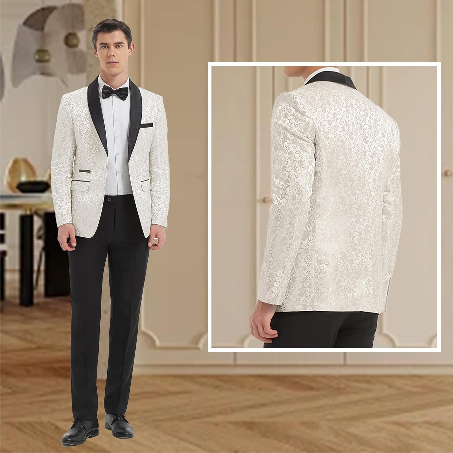 Men's Tuxedo Suit with Shiny Lapel and Patterned Blazer Two Piece Set