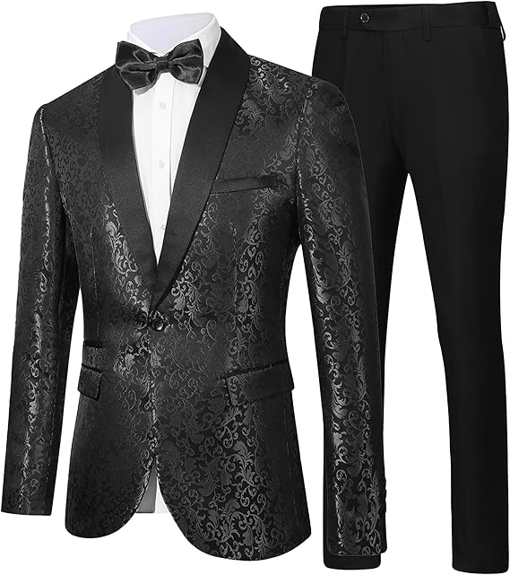 Men's Tuxedo Suit with Shiny Lapel and Patterned Blazer Two Piece Set