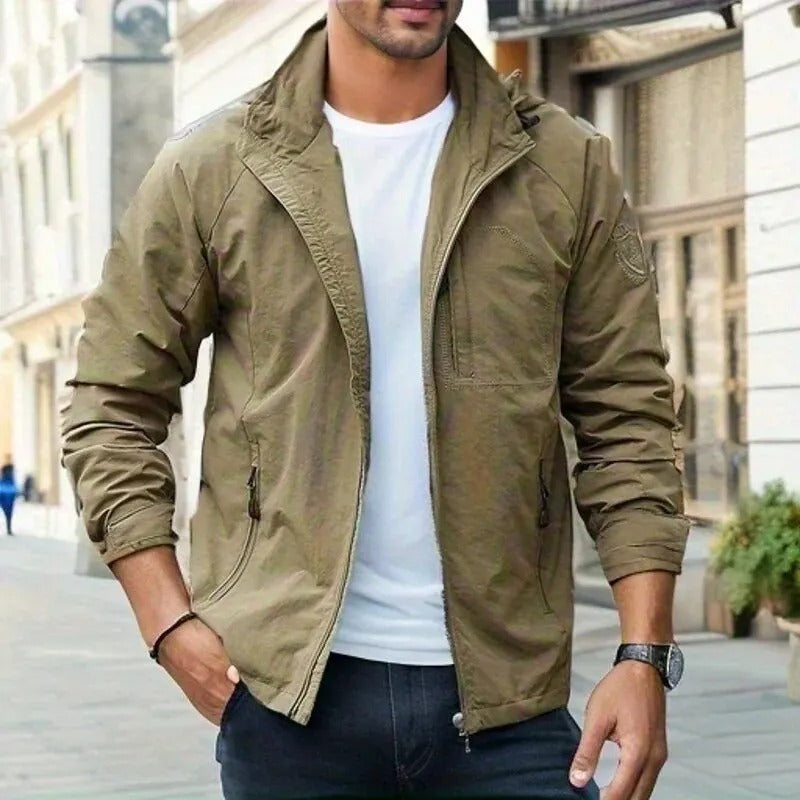 Men's Zip Front Jacket with Stand Collar and Functional Pockets