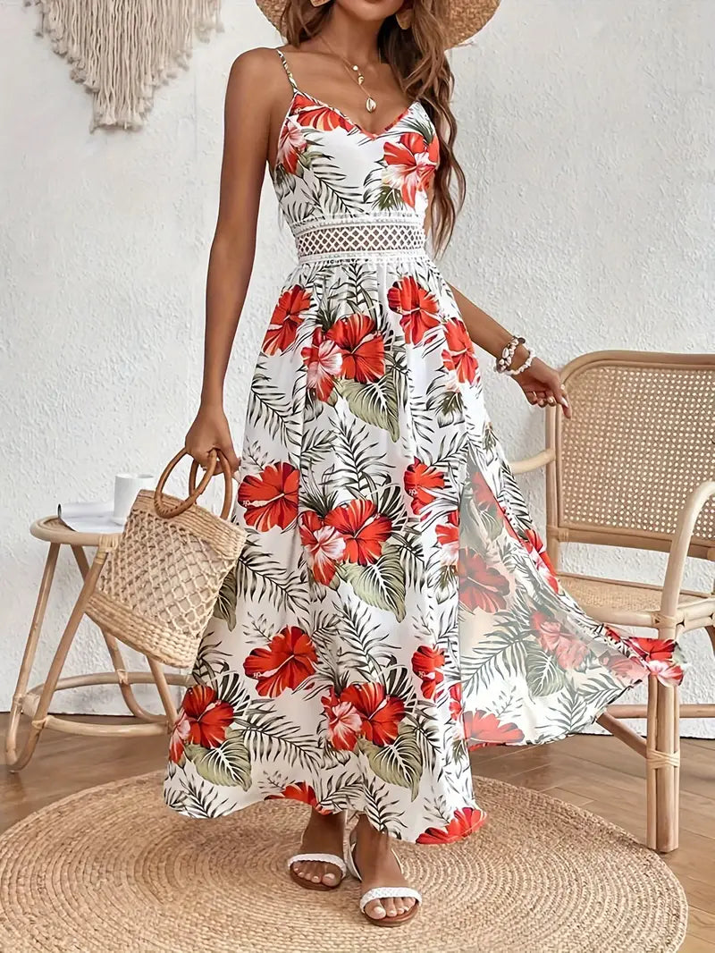 Women's Spaghetti Strap Maxi Dress with Tropical Print and Waist Detail