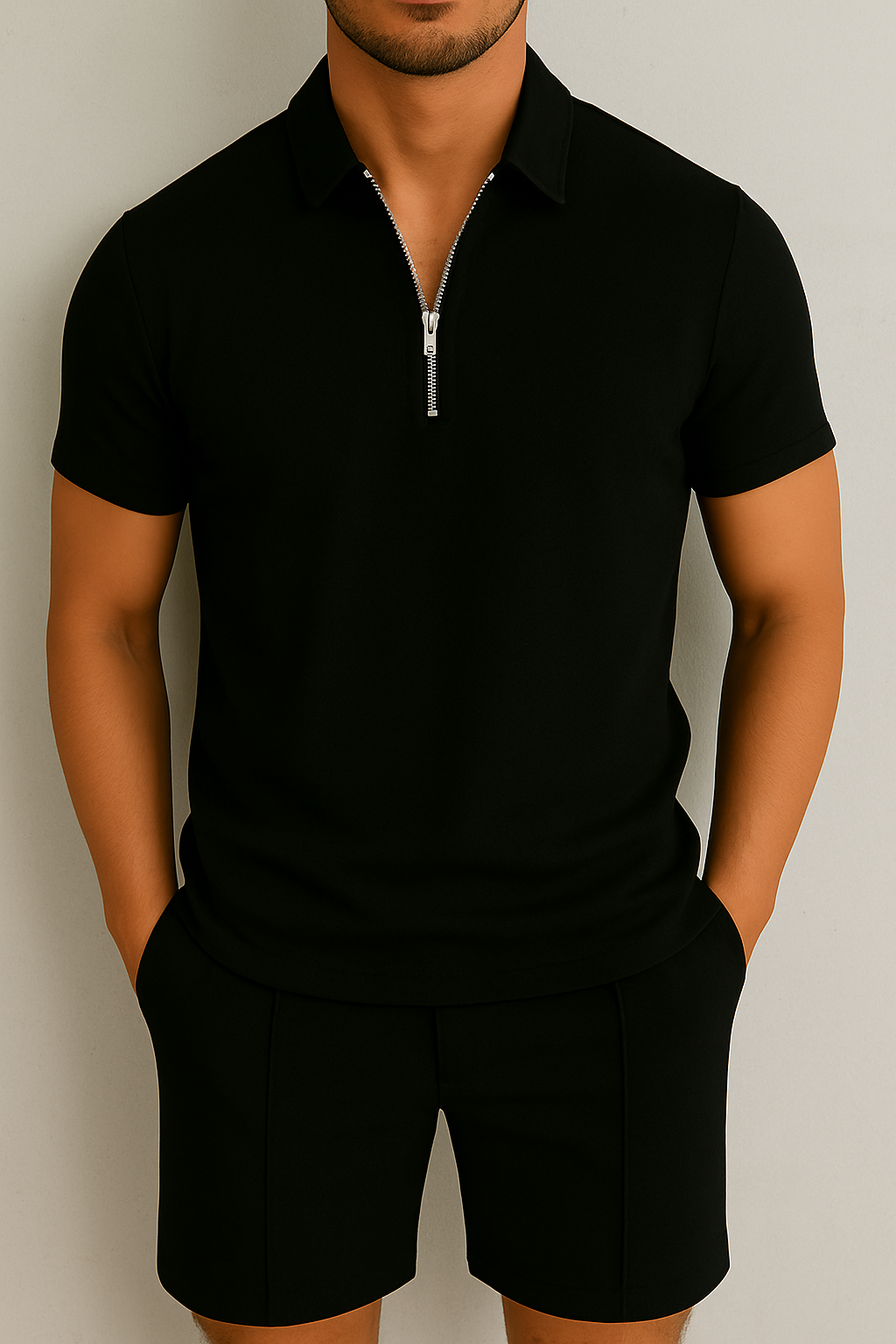 Men's Short Sleeve Polo Shirt with Zip Collar and Modern Fit