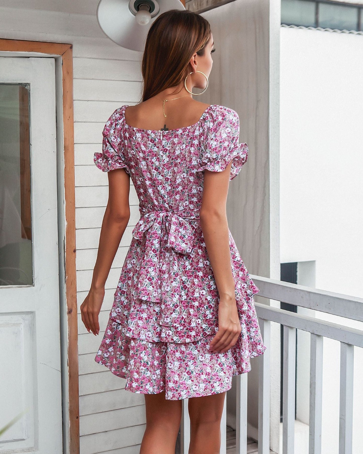 Women's Floral Print Mini Dress with Puff Sleeves and Ruffle Hem